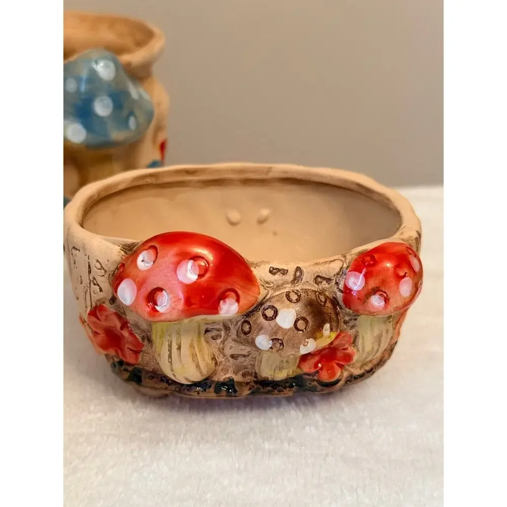 Five ceramic mushroom planters hand-painted rustic textured base with drainage